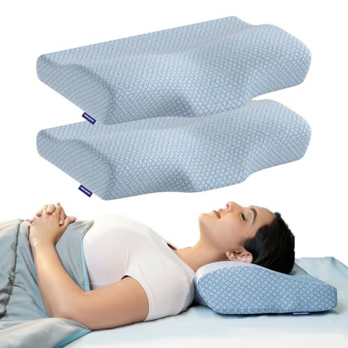 WELLGIVER Cervical Memory Foam Pillow for Neck Pain | 2 Year Warranty | 19 x 11 x 4 Inch Standard | Orthopedic Pillow Spondylitis Neck & Shoulder Pain | Washable Jacquard Blue Cover | Pack of 2 - Image 1