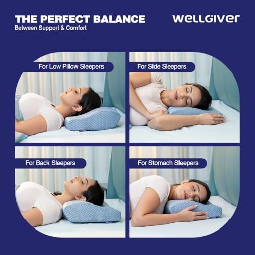 WELLGIVER Cervical Memory Foam Pillow for Neck Pain | 2 Year Warranty | 19 x 11 x 4 Inch Standard | Orthopedic Pillow Spondylitis Neck & Shoulder Pain | Washable Jacquard Blue Cover | Pack of 2 - Image 5