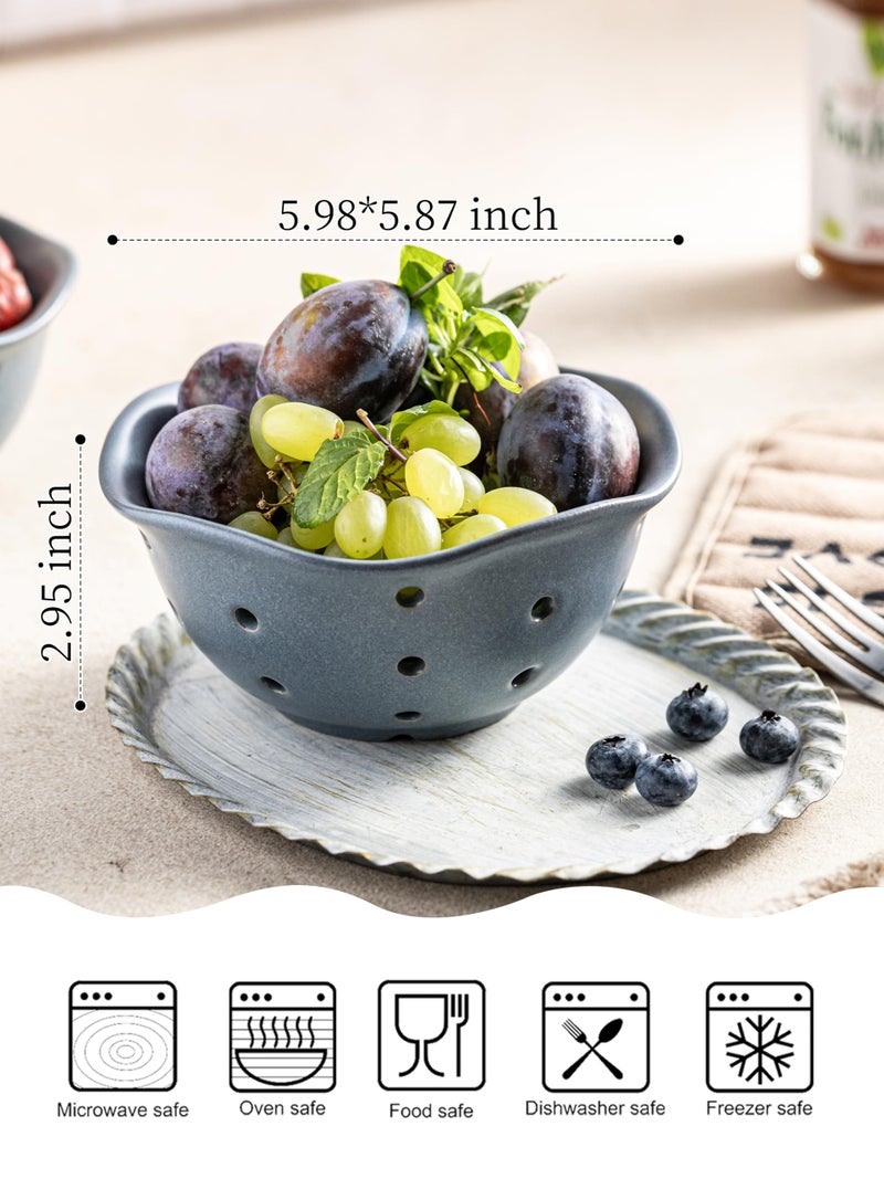 Gomakren Ceramic Berry Basket Set of 2, Elegant Fruit Basket Container 6 Inch, Fruit Bowl with Holes for Kitchen Counter, Berries, Strawberry, Grape, Cherry, Floral Shape - Slate Blue - Image 2