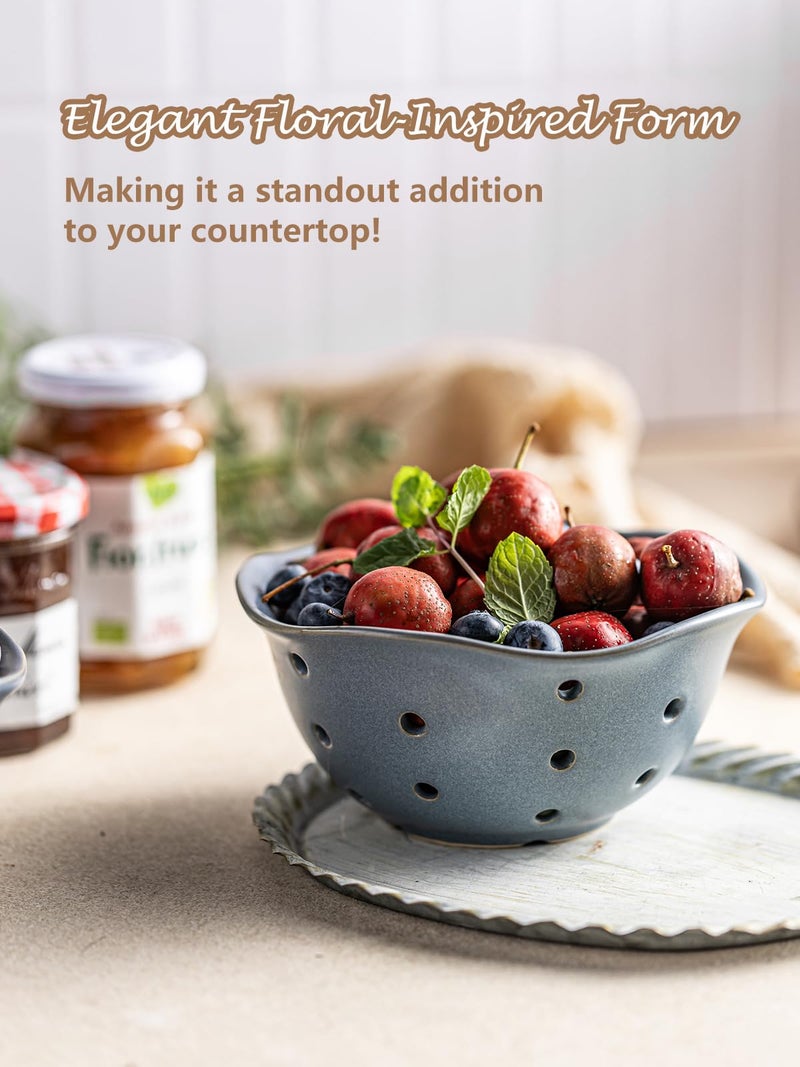 Gomakren Ceramic Berry Basket Set of 2, Elegant Fruit Basket Container 6 Inch, Fruit Bowl with Holes for Kitchen Counter, Berries, Strawberry, Grape, Cherry, Floral Shape - Slate Blue - Image 4