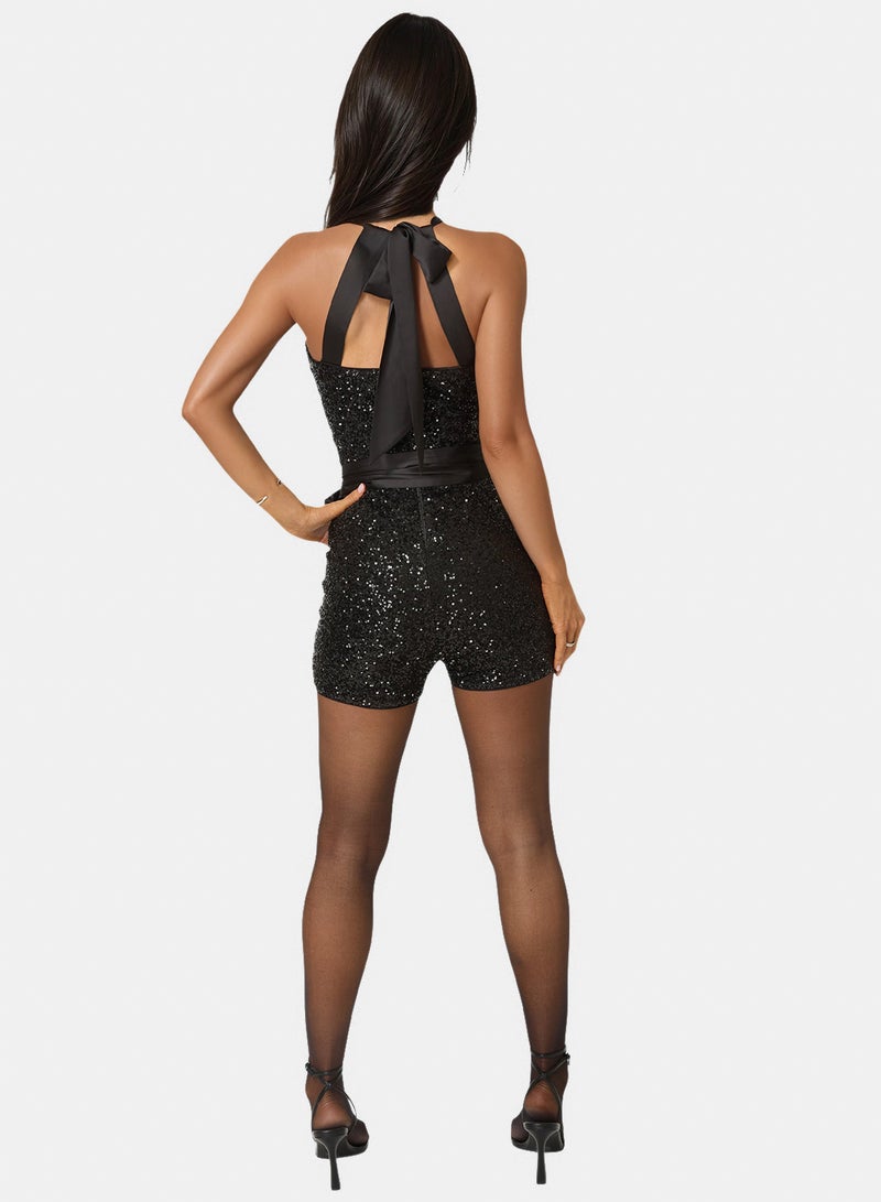 bebe Sequin Halter Romper - Image 2