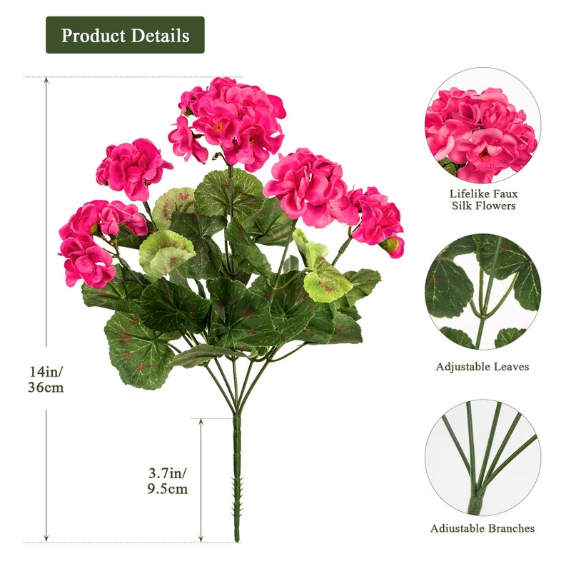Uqueeten 4pcs Fake Flower Artificial Geranium,Artificial Flowers for Outdoors, Geraniums Artificial Flowers Realistic,Artificial Geraniums for Outdoors Fake Plant Decoration 14.4"(Rose Red) - Image 2