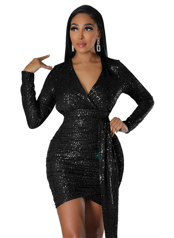 Loquat Women's New Bag Hip Skirt Deep V Sequin Long-sleeved Dress
