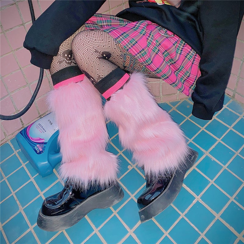 Sweet Y2K Plush Leg Warmers Millennial Fuzzy Socks Pink  - Image 3