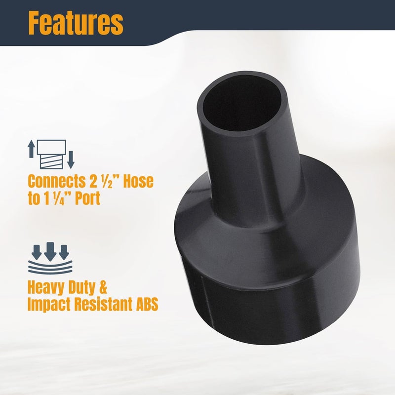 POWERTEC 70140 محول خرطوم 2-1/2” إلى 1-1/4” – وحدة تحويل لملحقات جمع الغبار، أسود - Image 2