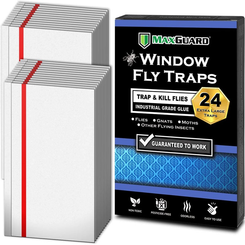 MaxGuard Window Fly Traps (24 XL Traps) Catch & Kill Houseflies, Flying Insects & Bugs. Non-Toxic Sticky Glue Traps Fly Killer Clear Strip Insect Catcher Safe No Zapping with Zapper | - Image 1