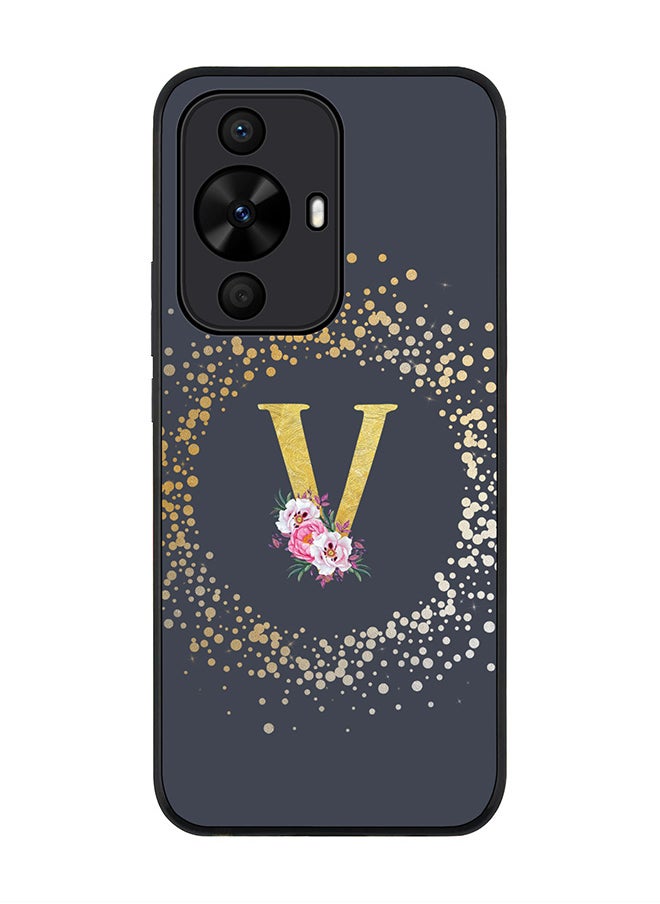 Stylizedd Rugged Black edge case for Huawei nova 12s / Huawei nova 11/ Huawei nova 12 Lite 4G,Custom Monogram Initial Letter Floral Pattern Alphabet - V (Grey)  - Image 1