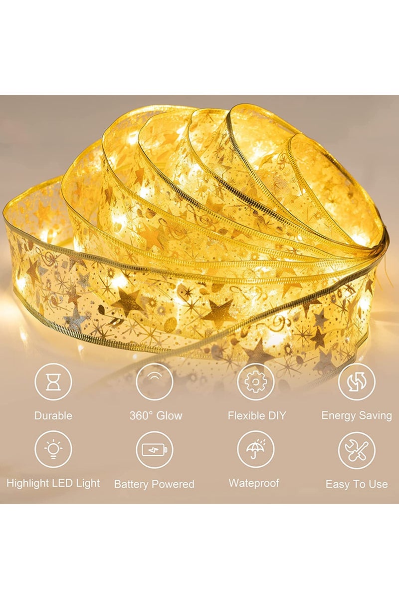 VUCATIN Christmas Ribbon Lights 32.8ft 100 LED Lights Christmas Tree Ribbon Fairy Lights Battery Operated Xmas String Light for Christmas Tree Party Indoor Outdoor Decorations (Gold-10M Warm Light) - Image 2