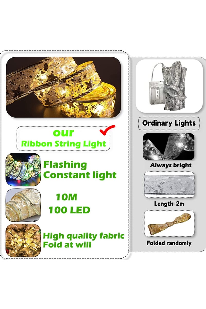 VUCATIN Christmas Ribbon Lights 32.8ft 100 LED Lights Christmas Tree Ribbon Fairy Lights Battery Operated Xmas String Light for Christmas Tree Party Indoor Outdoor Decorations (Gold-10M Warm Light) - Image 3