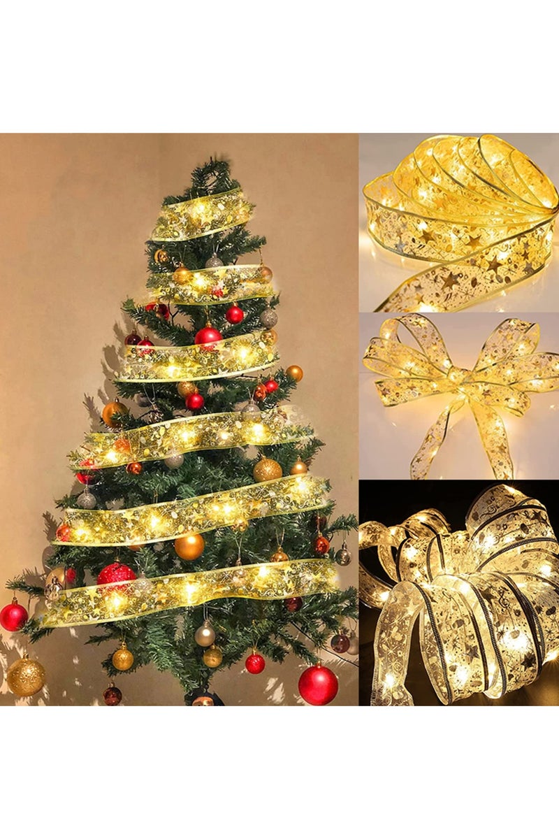 VUCATIN Christmas Ribbon Lights 32.8ft 100 LED Lights Christmas Tree Ribbon Fairy Lights Battery Operated Xmas String Light for Christmas Tree Party Indoor Outdoor Decorations (Gold-10M Warm Light) - Image 1