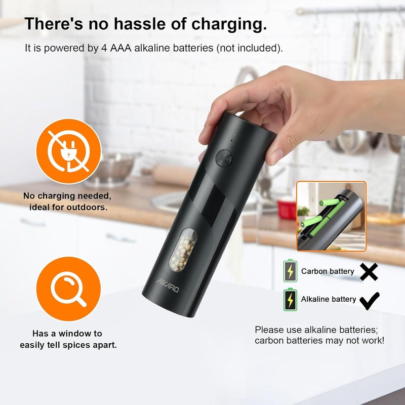 AIKARO - Electric Salt and Pepper Mill Automatic Spice Grinder, Battery Operated - Image 4