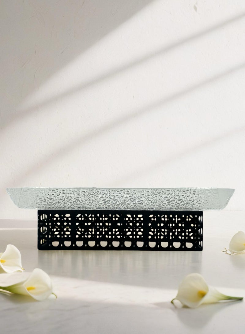 Raz Small/Black Acrylic Decorative Tray with Rattan-Inspired Caning Base - Display Stand with Metal Frame  - Image 2