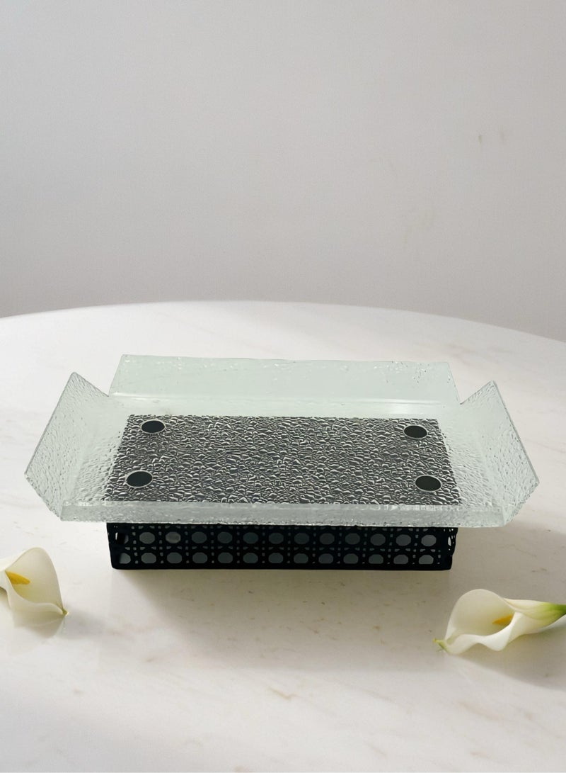 Raz Small/Black Acrylic Decorative Tray with Rattan-Inspired Caning Base - Display Stand with Metal Frame  - Image 4