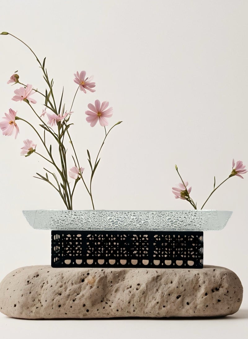 Raz Small/Black Acrylic Decorative Tray with Rattan-Inspired Caning Base - Display Stand with Metal Frame  - Image 1