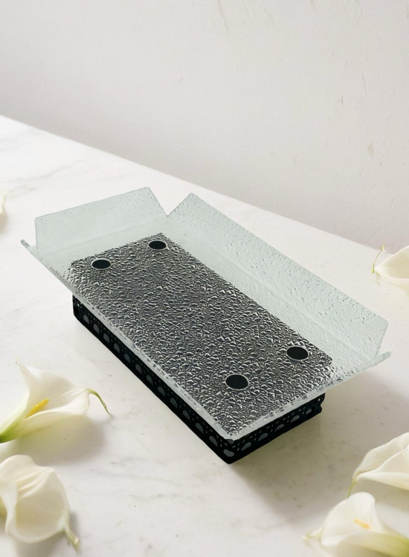 Raz Small/Black Acrylic Decorative Tray with Rattan-Inspired Caning Base - Display Stand with Metal Frame  - Image 3