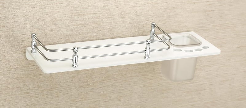 HAPPI Unbreakable Acrylic Toothpaste Glass Tumbler Toothbrush Holder with Bottle Space Shelf Tooth Brush Holder Stand Wall Mounted for Bathroom White - Image 2