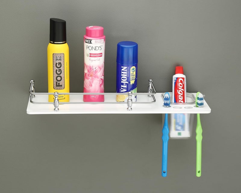 HAPPI Unbreakable Acrylic Toothpaste Glass Tumbler Toothbrush Holder with Bottle Space Shelf Tooth Brush Holder Stand Wall Mounted for Bathroom White - Image 3