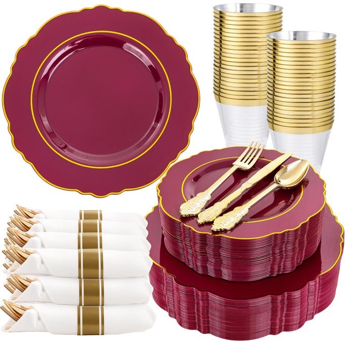 350PCS RED PLASTIC PLATESDISPOSABLE BURGUNDY RED AND GOLD PLATES 50GUEST BAROQUE PLASTIC DINNERWARE INCLUDE 100PLATES 50PACK PRE ROLLED NAPKINS WITH SILVERWARE 50CUPS FOR GIRLFRIENDS DAY