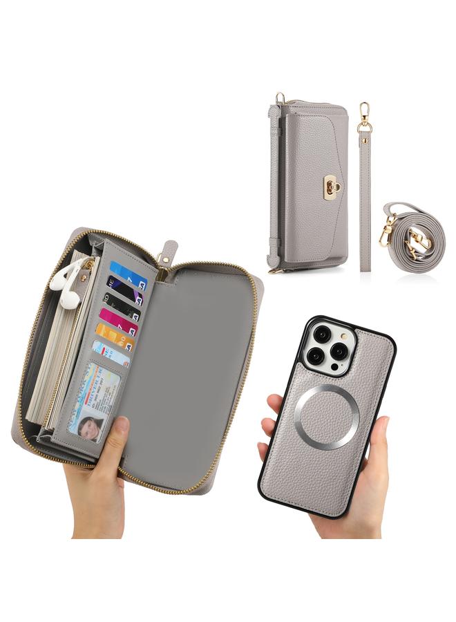 اس-توب جراب هاتف iPhone 14 MagSafe Crossbody متعدد الوظائف بسحاب محفظة من جلد الليتشي - Image 5