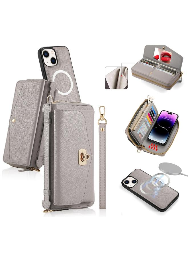 اس-توب جراب هاتف iPhone 14 MagSafe Crossbody متعدد الوظائف بسحاب محفظة من جلد الليتشي - Image 1