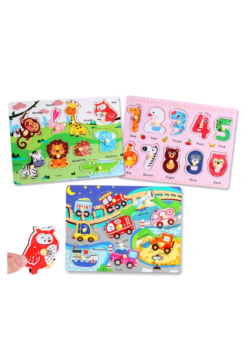 Wooden Puzzles Farm Animals Jigsaws Puzzle Toys for Kids Wooden Toy Peg Puzzle Traffic Numbers Puzzle Early Education Games Gifts Toddler Toys for Girls Boys 3 Pack - Image 1