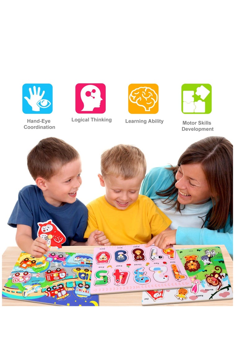 Wooden Puzzles Farm Animals Jigsaws Puzzle Toys for Kids Wooden Toy Peg Puzzle Traffic Numbers Puzzle Early Education Games Gifts Toddler Toys for Girls Boys 3 Pack - Image 2