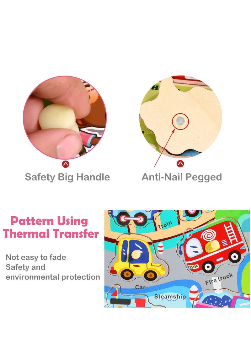 Wooden Puzzles Farm Animals Jigsaws Puzzle Toys for Kids Wooden Toy Peg Puzzle Traffic Numbers Puzzle Early Education Games Gifts Toddler Toys for Girls Boys 3 Pack - Image 3