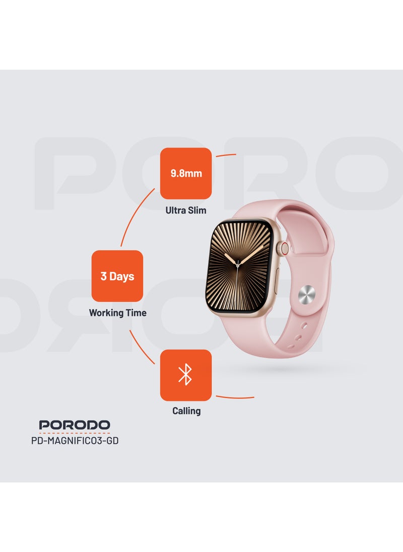 porodo - Magnifico 3 Smart Watch 2" HD with Gold Dial & Dual Straps / Calling / 128Mb Flash Memory / Up to 5 Days Working Time / V5.3 Bluetooth / Activity Tracker / Health Monitoring / HD Display / Ultra Slim - Pink Band & Gold Dial - Image 1