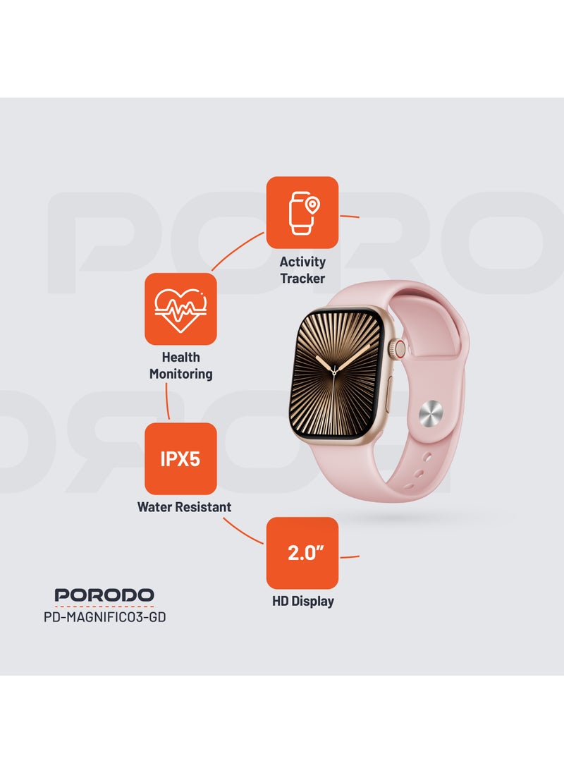 porodo - Magnifico 3 Smart Watch 2" HD with Gold Dial & Dual Straps / Calling / 128Mb Flash Memory / Up to 5 Days Working Time / V5.3 Bluetooth / Activity Tracker / Health Monitoring / HD Display / Ultra Slim - Pink Band & Gold Dial - Image 1
