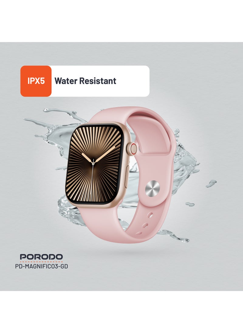 porodo - Magnifico 3 Smart Watch 2" HD with Gold Dial & Dual Straps / Calling / 128Mb Flash Memory / Up to 5 Days Working Time / V5.3 Bluetooth / Activity Tracker / Health Monitoring / HD Display / Ultra Slim - Pink Band & Gold Dial - Image 1