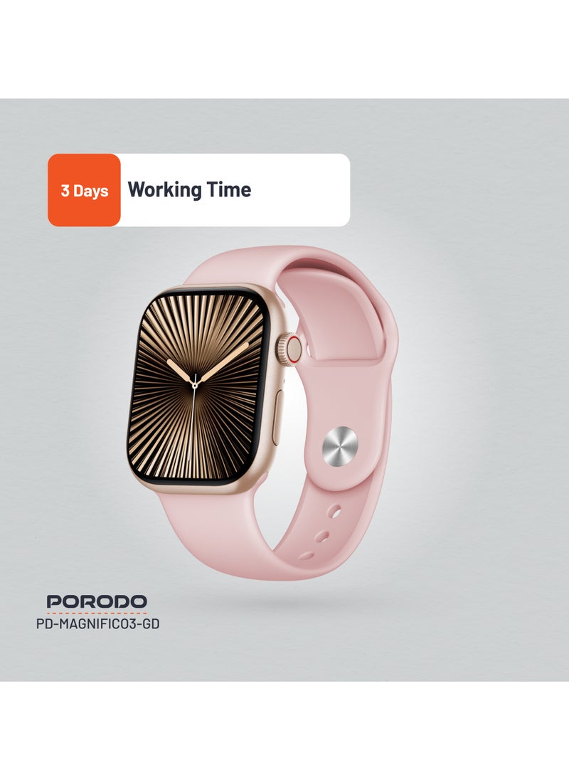 porodo - Magnifico 3 Smart Watch 2" HD with Gold Dial & Dual Straps / Calling / 128Mb Flash Memory / Up to 5 Days Working Time / V5.3 Bluetooth / Activity Tracker / Health Monitoring / HD Display / Ultra Slim - Pink Band & Gold Dial - Image 1