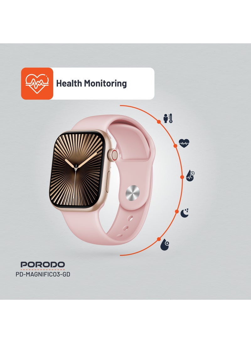 porodo - Magnifico 3 Smart Watch 2" HD with Gold Dial & Dual Straps / Calling / 128Mb Flash Memory / Up to 5 Days Working Time / V5.3 Bluetooth / Activity Tracker / Health Monitoring / HD Display / Ultra Slim - Pink Band & Gold Dial - Image 1