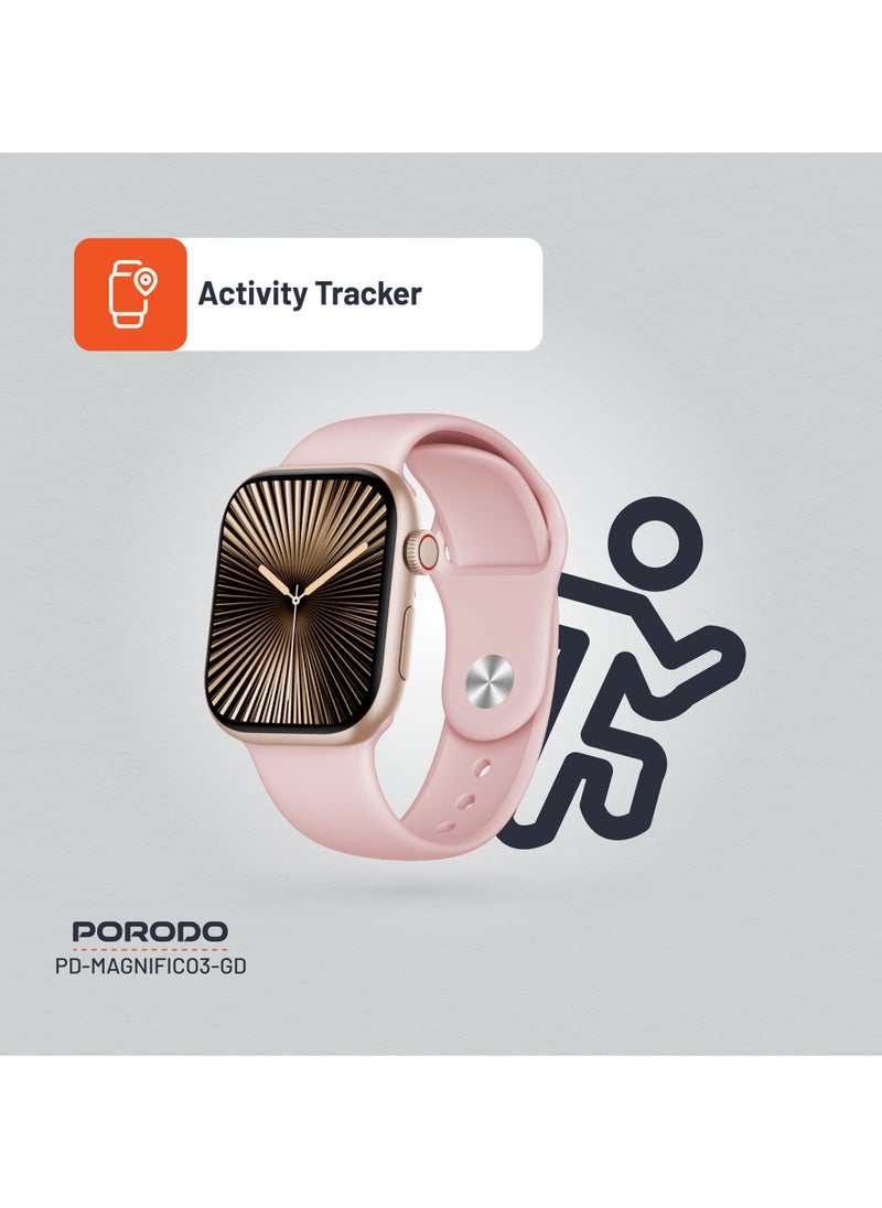 porodo - Magnifico 3 Smart Watch 2" HD with Gold Dial & Dual Straps / Calling / 128Mb Flash Memory / Up to 5 Days Working Time / V5.3 Bluetooth / Activity Tracker / Health Monitoring / HD Display / Ultra Slim - Pink Band & Gold Dial - Image 1