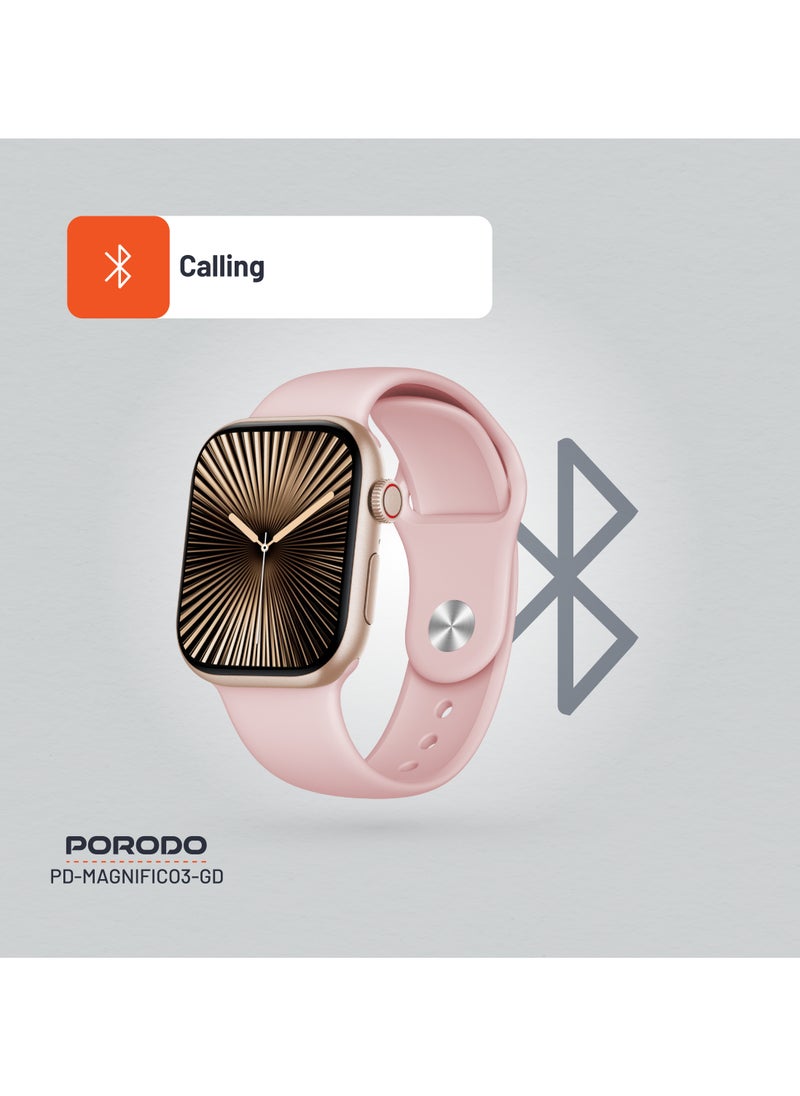 porodo - Magnifico 3 Smart Watch 2" HD with Gold Dial & Dual Straps / Calling / 128Mb Flash Memory / Up to 5 Days Working Time / V5.3 Bluetooth / Activity Tracker / Health Monitoring / HD Display / Ultra Slim - Pink Band & Gold Dial - Image 1