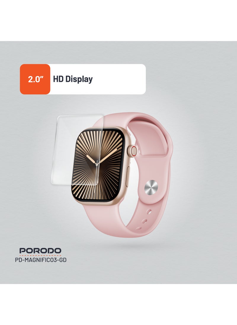 porodo - Magnifico 3 Smart Watch 2" HD with Gold Dial & Dual Straps / Calling / 128Mb Flash Memory / Up to 5 Days Working Time / V5.3 Bluetooth / Activity Tracker / Health Monitoring / HD Display / Ultra Slim - Pink Band & Gold Dial - Image 1