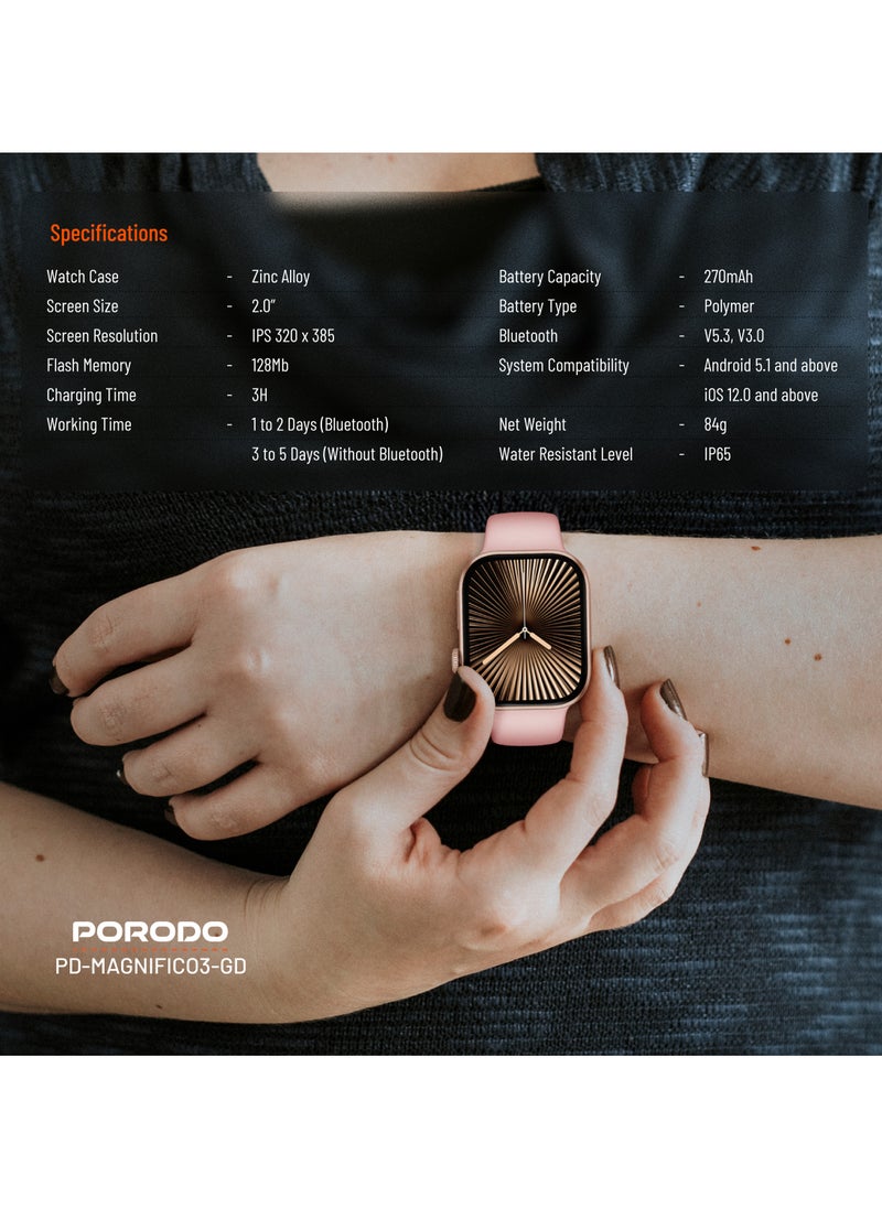 porodo - Magnifico 3 Smart Watch 2" HD with Gold Dial & Dual Straps / Calling / 128Mb Flash Memory / Up to 5 Days Working Time / V5.3 Bluetooth / Activity Tracker / Health Monitoring / HD Display / Ultra Slim - Pink Band & Gold Dial - Image 1
