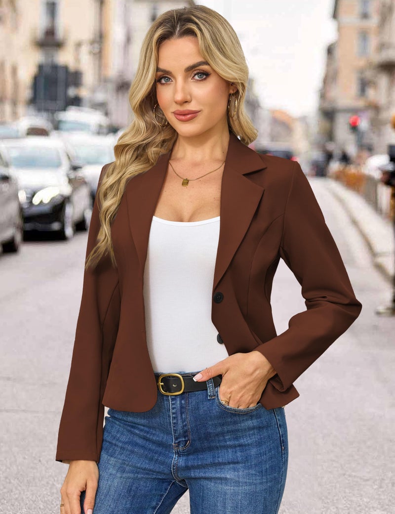 FOLUNSI Women's Business Casual Cropped Blazer Lapel Collar Long Sleeve Work Office Suit Jacket with Fully Lined Brown, Large - Image 4