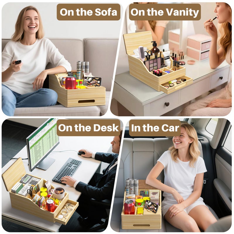 SouStoCol Couch Caddy with Cup Holders, Multi-Use Sofa Table with Flip Top Push-Pull Drawer, Sturdy Pine Wood Hold Hands Couch Cup Holder for Car, Living Room, Bedroom, Vanity - Image 2