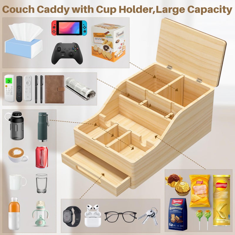 SouStoCol Couch Caddy with Cup Holders, Multi-Use Sofa Table with Flip Top Push-Pull Drawer, Sturdy Pine Wood Hold Hands Couch Cup Holder for Car, Living Room, Bedroom, Vanity - Image 3