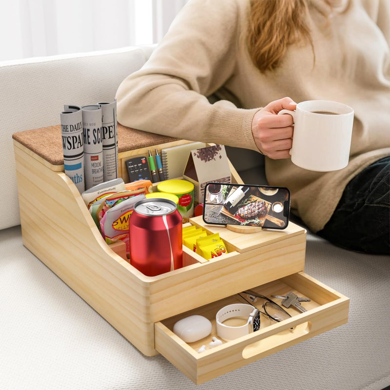 SouStoCol Couch Caddy with Cup Holders, Multi-Use Sofa Table with Flip Top Push-Pull Drawer, Sturdy Pine Wood Hold Hands Couch Cup Holder for Car, Living Room, Bedroom, Vanity - Image 1