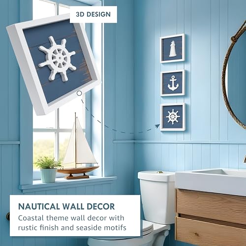 Tide and Tales TideAndTales 3D Nautical Wall Decor (Famed Set of 3) Anchor, Lighthouse and Ship Wheel - Rustic Beach Bathroom Coastal Theme Home Decorations - Nautical Gifts (7"x7"), Classic Blue - Image 2