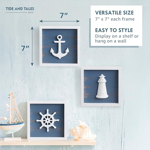 Tide and Tales TideAndTales 3D Nautical Wall Decor (Famed Set of 3) Anchor, Lighthouse and Ship Wheel - Rustic Beach Bathroom Coastal Theme Home Decorations - Nautical Gifts (7"x7"), Classic Blue - Image 4