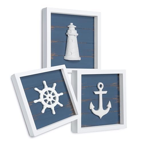 Tide and Tales TideAndTales 3D Nautical Wall Decor (Famed Set of 3) Anchor, Lighthouse and Ship Wheel - Rustic Beach Bathroom Coastal Theme Home Decorations - Nautical Gifts (7"x7"), Classic Blue - Image 1