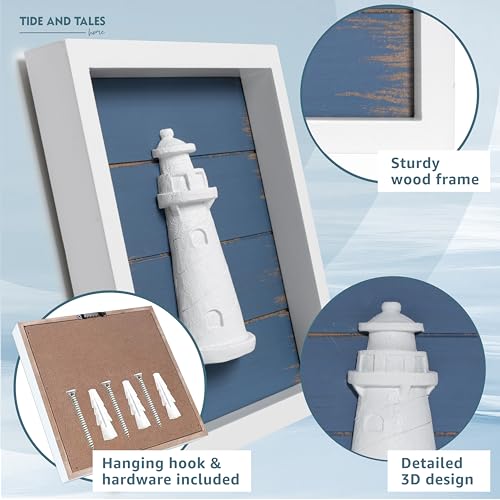 Tide and Tales TideAndTales 3D Nautical Wall Decor (Famed Set of 3) Anchor, Lighthouse and Ship Wheel - Rustic Beach Bathroom Coastal Theme Home Decorations - Nautical Gifts (7"x7"), Classic Blue - Image 3