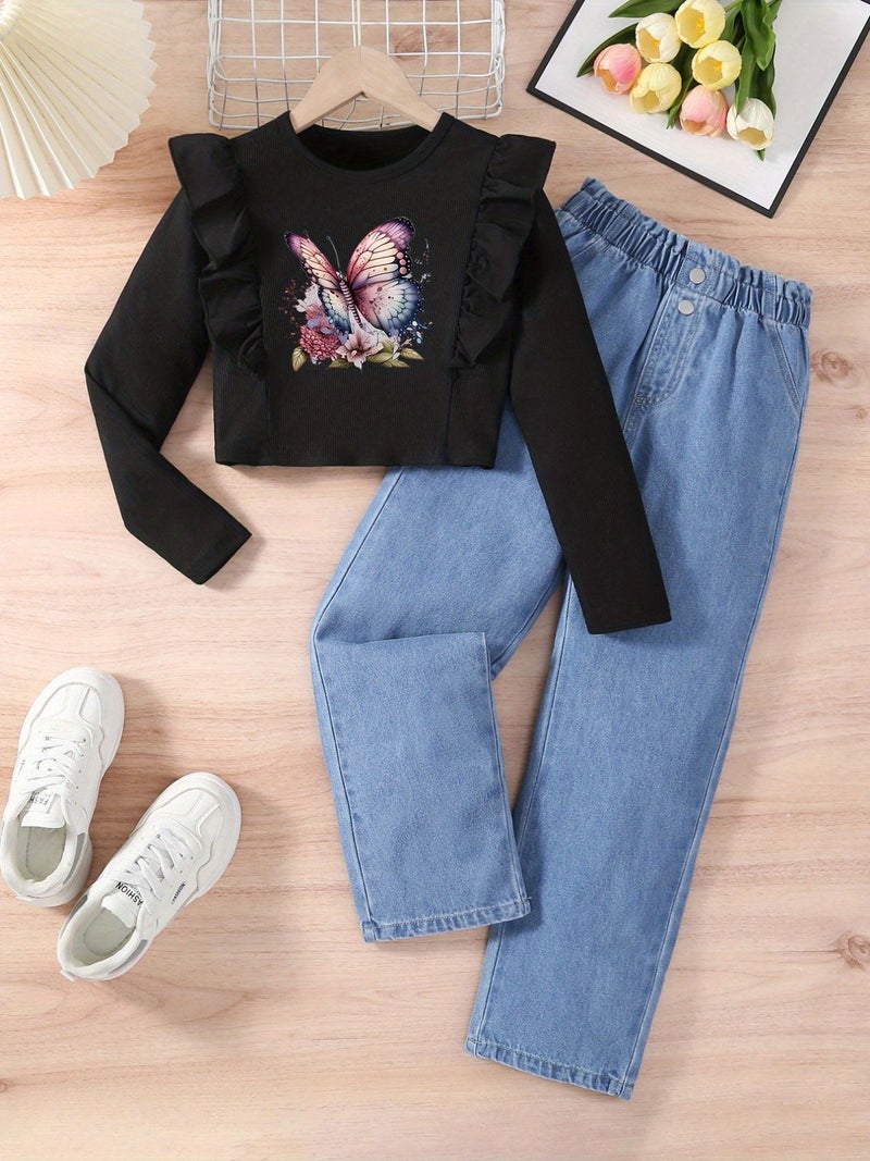 Girls' Round Neck Butterfly Long-Sleeved Tops Straight Loose Denim Long Pants Suit Fashionable Two-Piece Set - Image 2