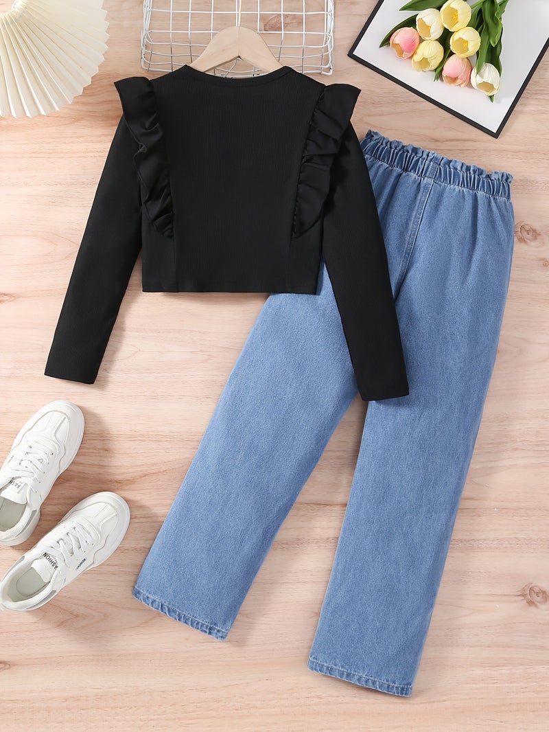 Girls' Round Neck Butterfly Long-Sleeved Tops Straight Loose Denim Long Pants Suit Fashionable Two-Piece Set - Image 3