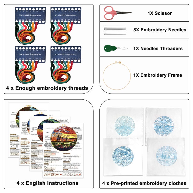 Maydear 4 Pack Embroidery Starter Kit with Pattern, Stamped Cross Stitch Kits for Beginners Adults with Embroidery Hoop and Instructions, Hand Embroidery Kit (Embroidery kit flower2) - Image 2