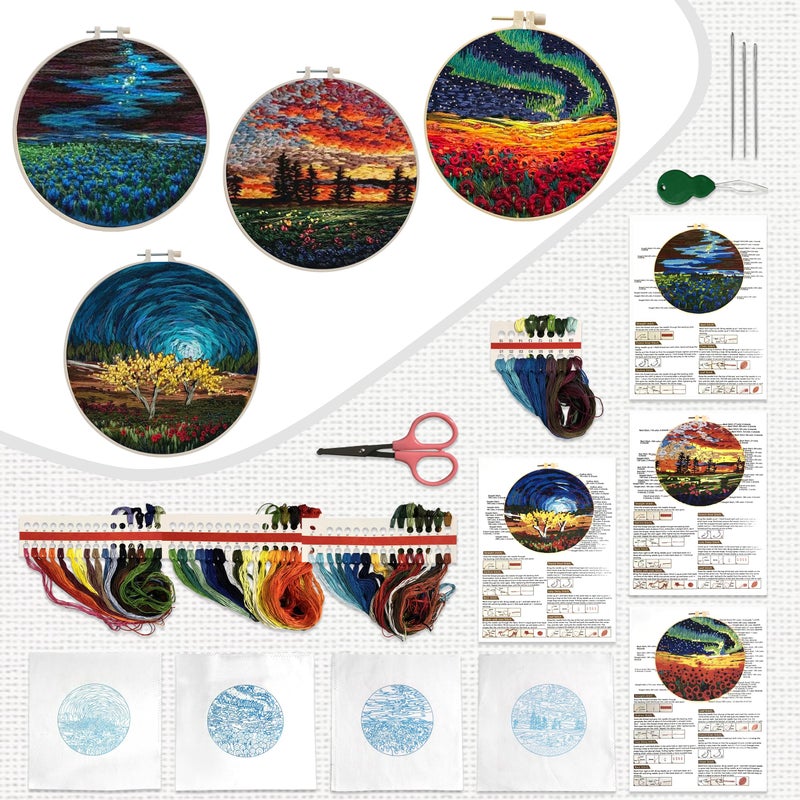 Maydear 4 Pack Embroidery Starter Kit with Pattern, Stamped Cross Stitch Kits for Beginners Adults with Embroidery Hoop and Instructions, Hand Embroidery Kit (Embroidery kit flower2) - Image 3