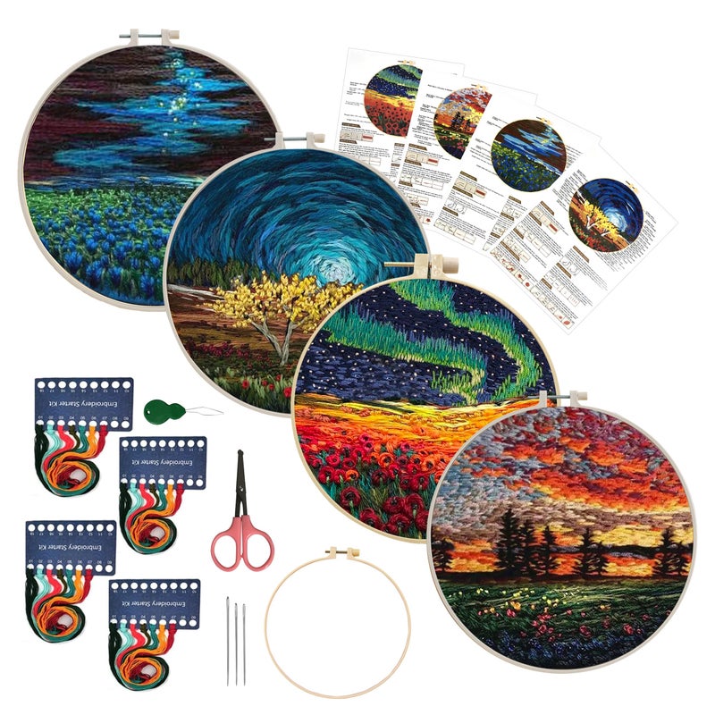 Maydear 4 Pack Embroidery Starter Kit with Pattern, Stamped Cross Stitch Kits for Beginners Adults with Embroidery Hoop and Instructions, Hand Embroidery Kit (Embroidery kit flower2) - Image 1
