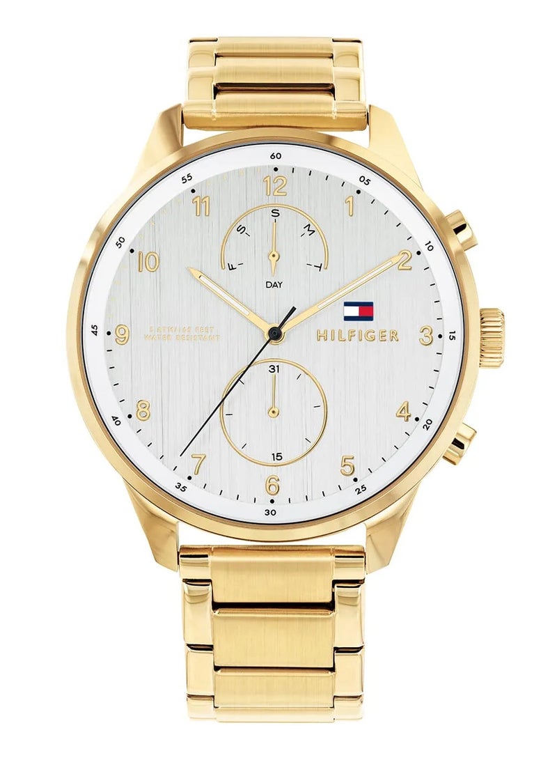 TOMMY HILFIGER ساعة تشيس كوارتز بقرص أبيض وحزام فولاذي ذهبي للرجال - 1791576 - Image 1